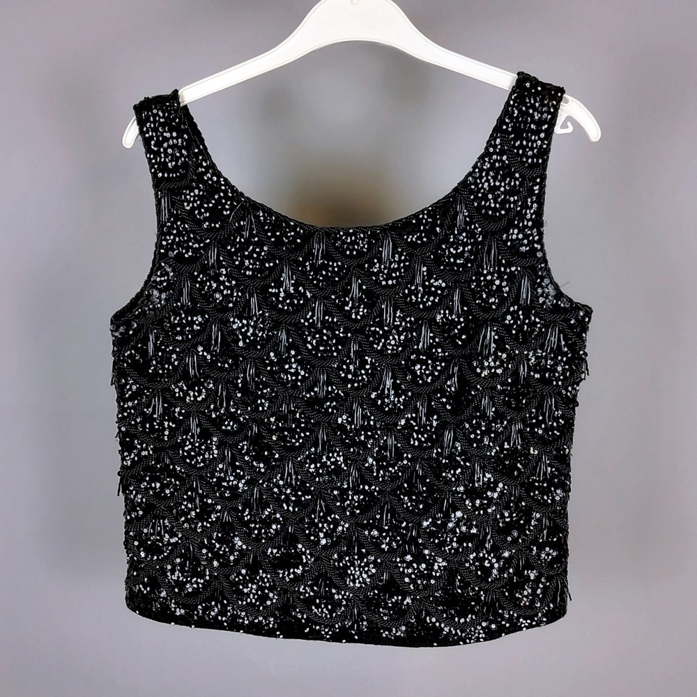 Vintage Hand Beaded Sequin Blouse Top Wool Black Cocktail Glam Whimsical